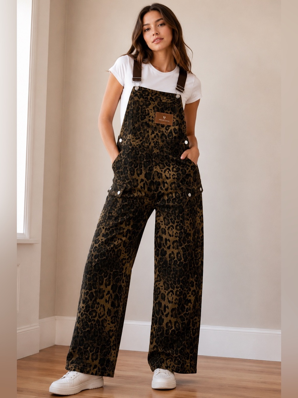 NWOT Aelfric Eden Leopard Print Wide Leg Utility Overalls Size Medium